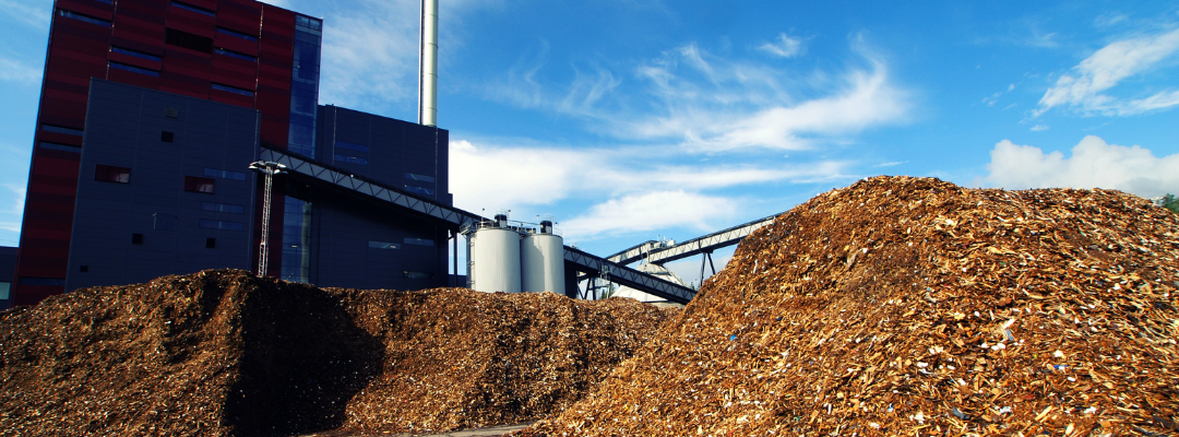 Exterior of a Biomass Power Plant showing biomass piled ready to be burned as fuel