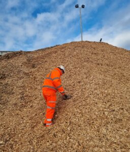 AHK Employee taking sample of biomass on site